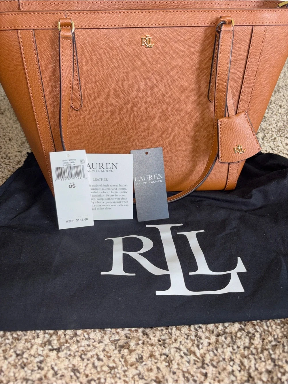 Ralph Lauren Cognac Brown Leather Tote with Gold RL Accent —-LIKE NEW—
